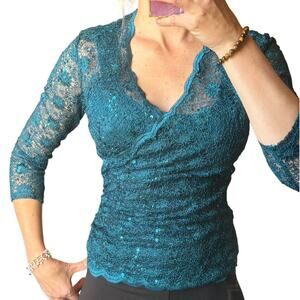 ✨ Teal Lace Sequin Boho Top • Fairycore Whimsy Lace Blouse